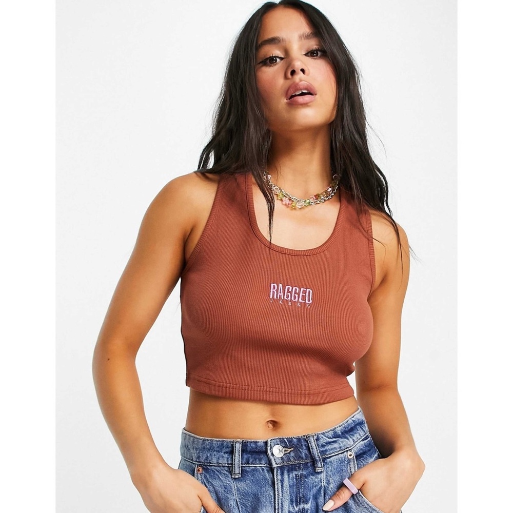 The Ragged Priest Shrunken Tank Top Embroidered Logo Ribbed Brown Pink Cropped